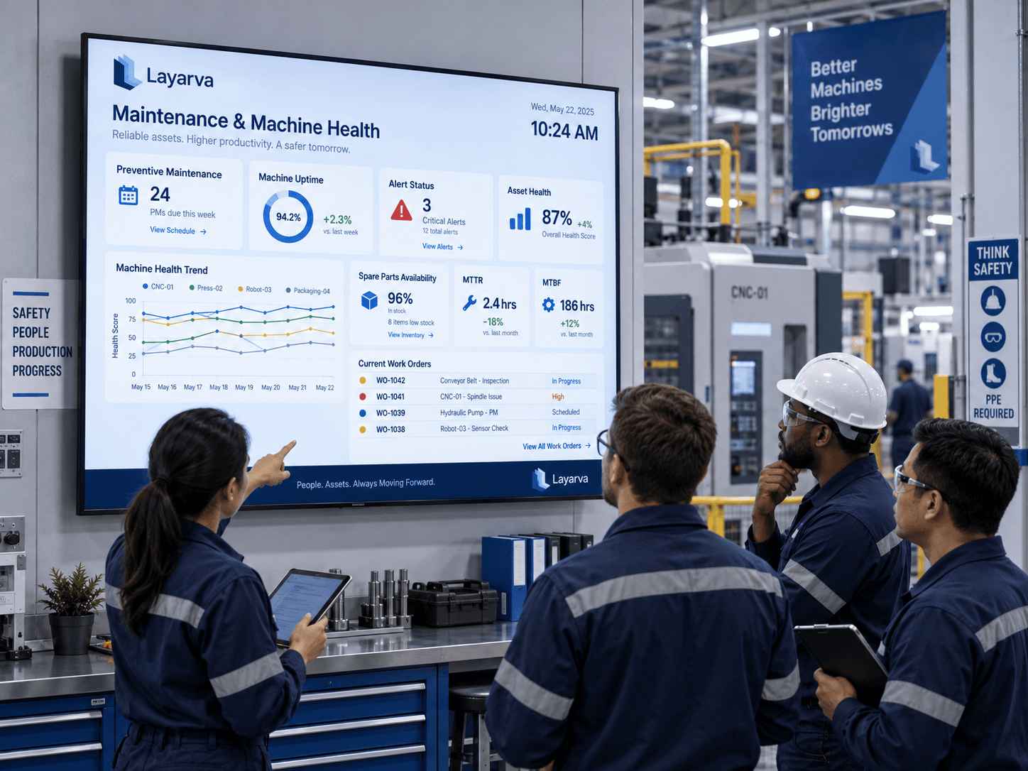Manufacturing team reviewing machine health and maintenance information on a factory display