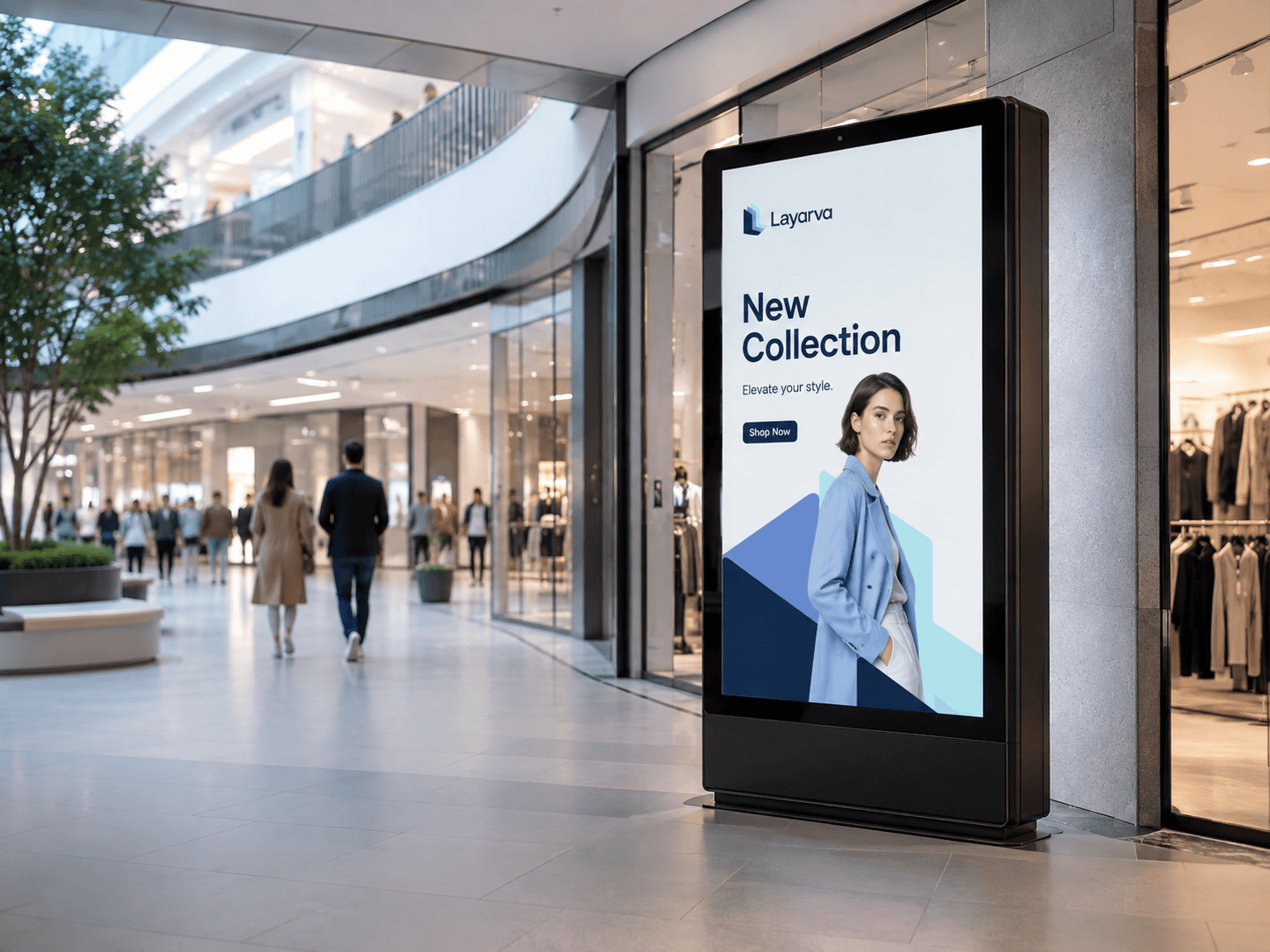 Retail store display showing a fashion promotion on a portrait screen