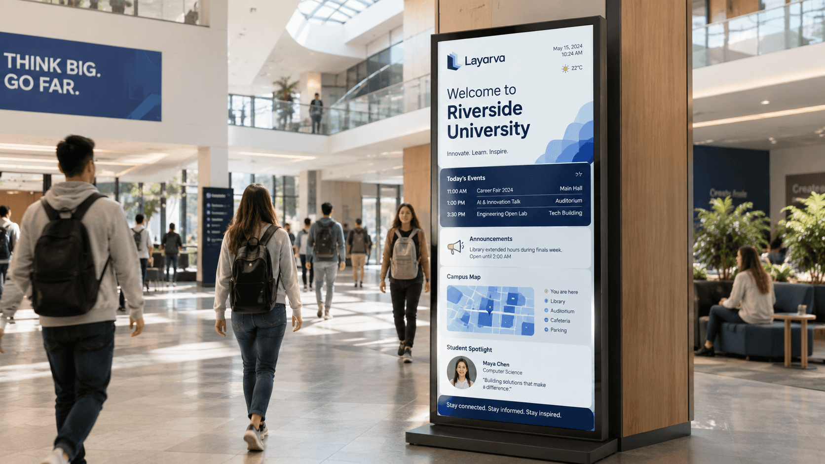 A campus display showing schedules and announcements