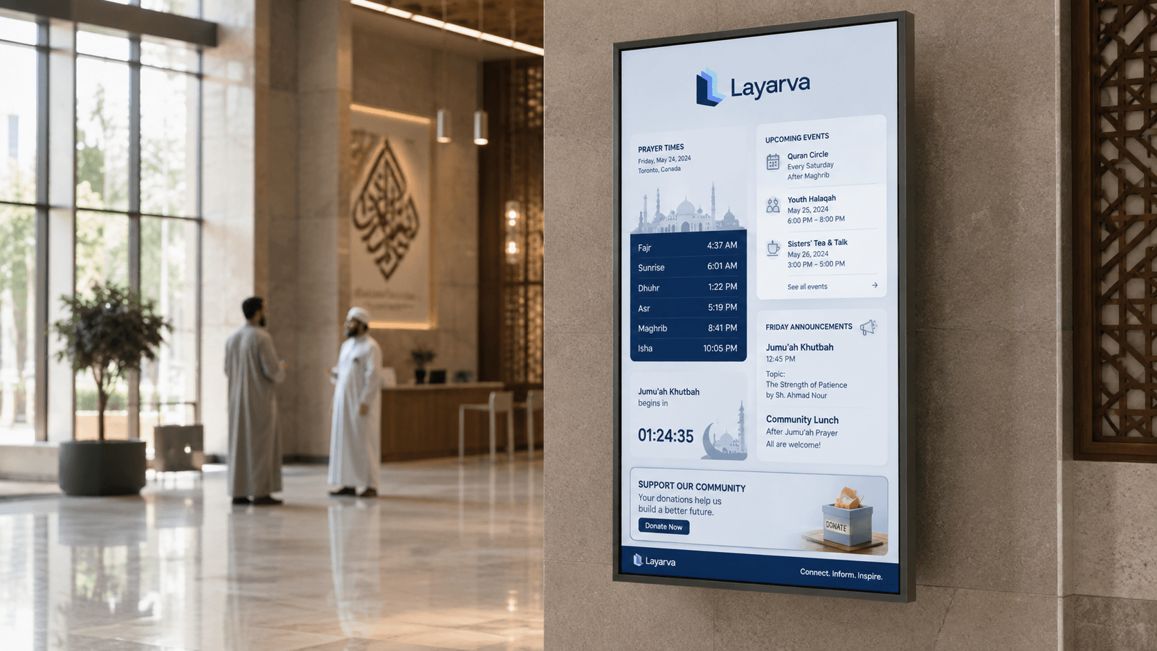 An information display in a place of worship showing schedules and announcements