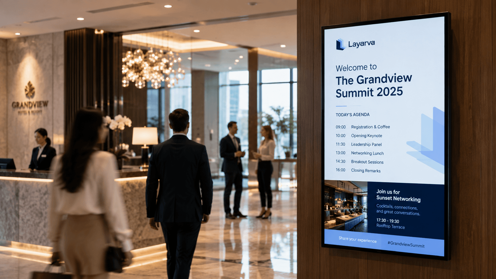 A venue display showing the day's programme to arriving guests
