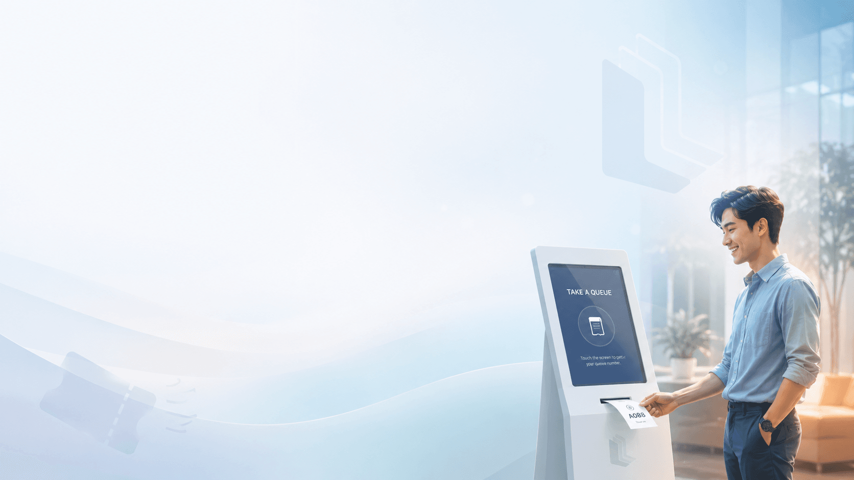 A Layarva self-service kiosk in a service area, showing the service selection screen