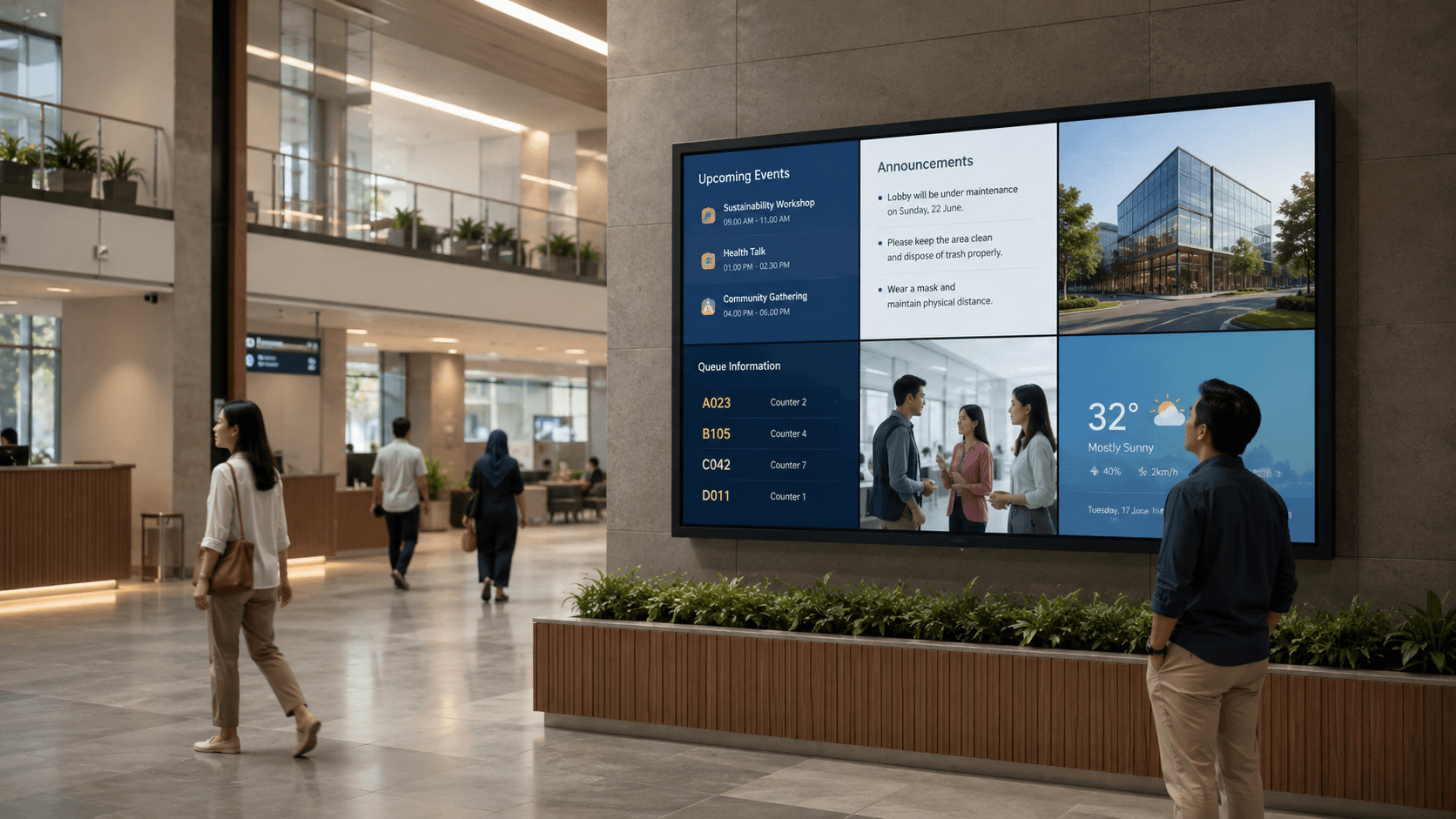 A large lobby display divided into panels: upcoming events, announcements, a building photograph, queue information listing ticket numbers and counters, a photograph of colleagues talking, and the local weather.